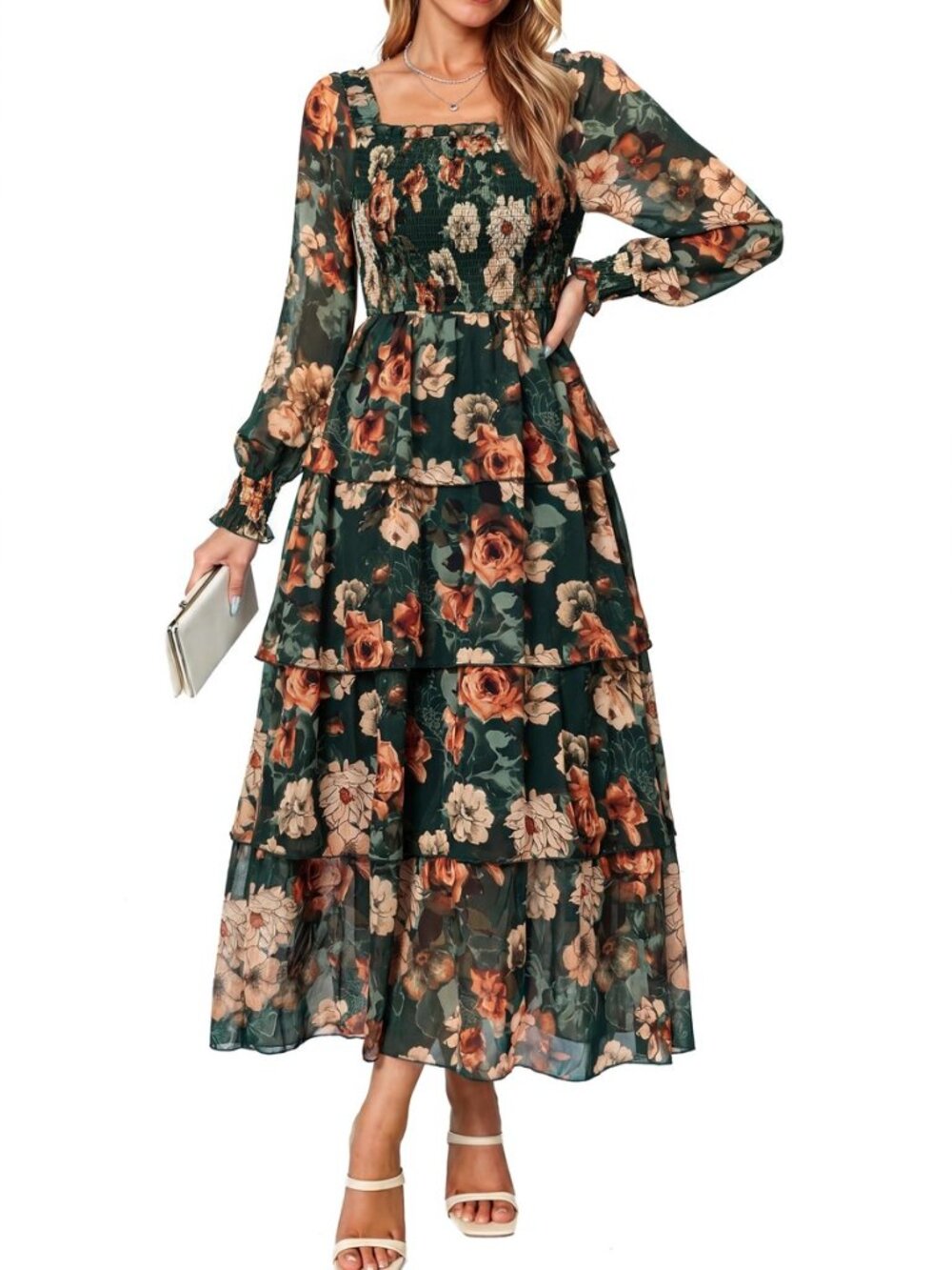Womens Square Neck Long Sleeve Maxi Floral Fall Wedding Guest Dress